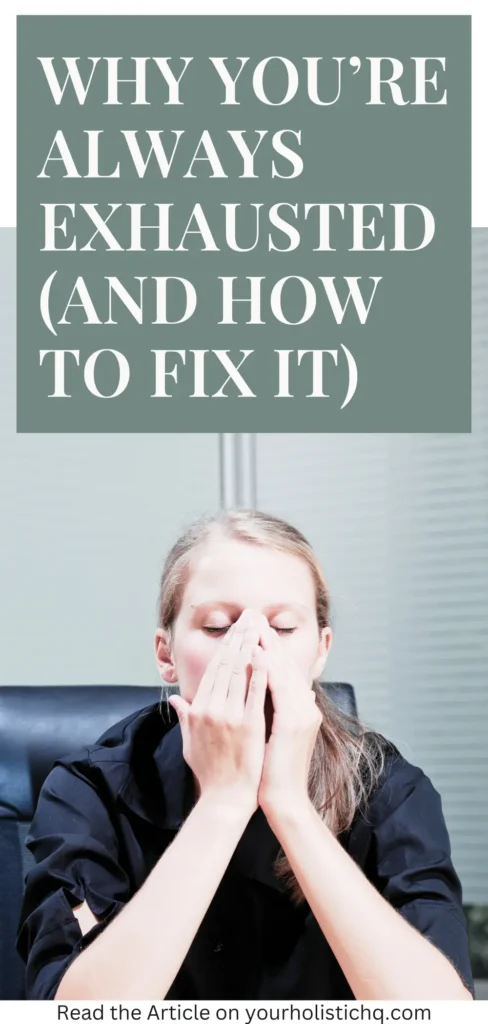 Pinterest pin titled Break Free from Fatigue featuring icons for common fatigue causes and easy fixes like food, sleep, and movement.