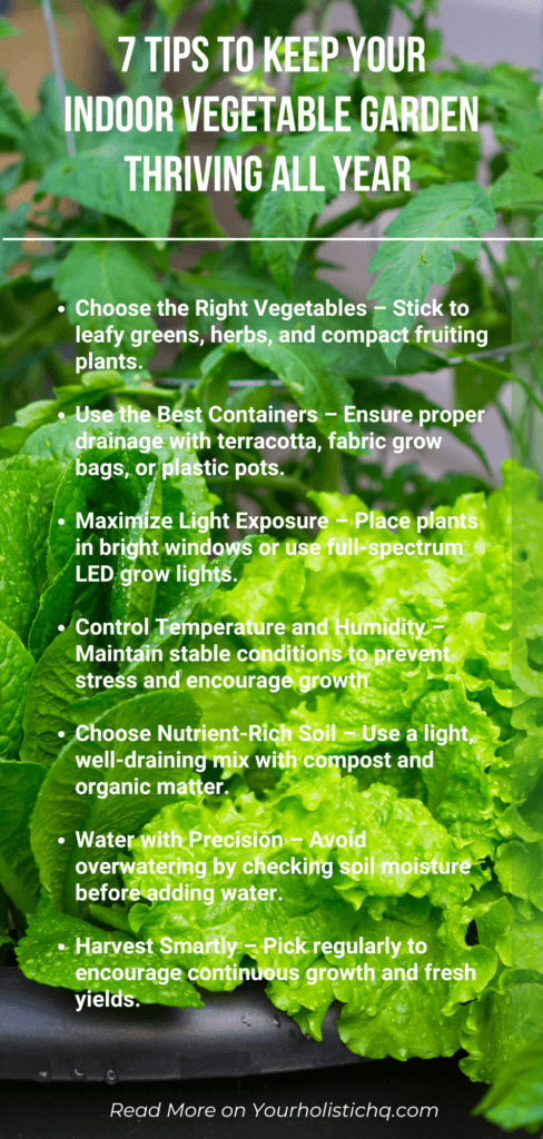 Infographic: 7 Indoor Vegetable Garden Tips for Year-Round Fresh Greens – A visually engaging infographic featuring seven key tips for maintaining a thriving indoor vegetable garden, with illustrations of plants, grow lights, and watering techniques.