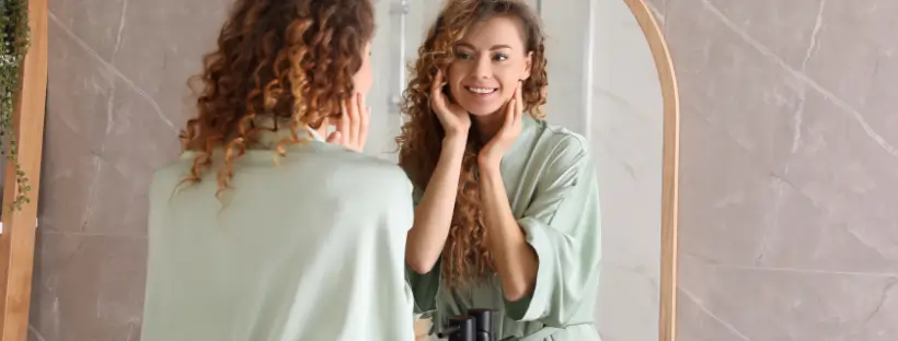 Woman smiling at her reflection in the mirror after using clean beauty products, wearing a sage green robe in a calming bathroom setting.
