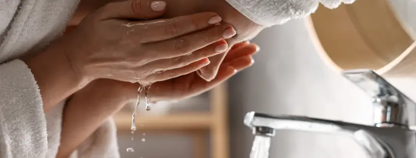 Close-up of a woman gently cleansing her face with water, representing a nervous system-safe, non-stripping beauty routine.