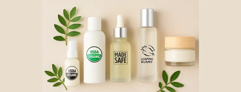 Flat lay of clean organic skincare bottles showing certification seals like USDA Organic, COSMOS, MADE SAFE, and Leaping Bunny for non-toxic, cruelty-free beauty products.