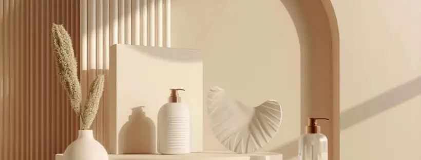Minimalist clean skincare bottles on a neutral shelf, symbolizing calm and simplicity in non-toxic beauty choices.