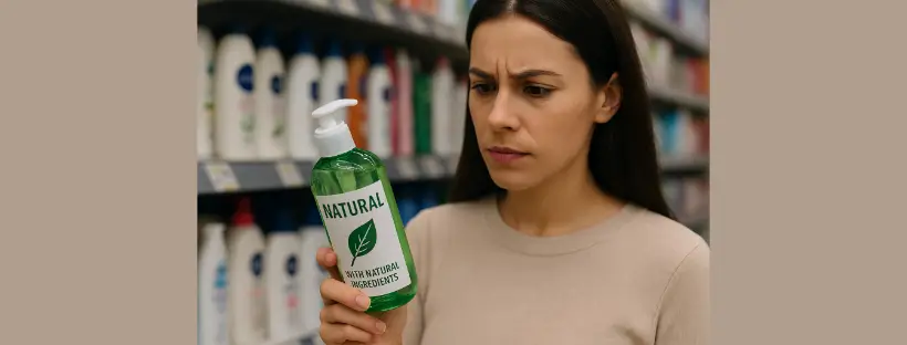 A woman looking confused while examining a green-labeled cosmetic bottle claiming to be natural, highlighting concerns about greenwashing in beauty products.
