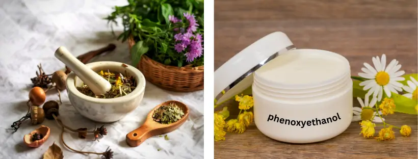 Herbs symbolizing organic skincare beside a cream jar labeled phenoxyethanol, showing how toxic chemicals can hide in products marketed as organic.