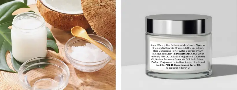 Skincare cream jar label showing organic ingredients mixed with hidden toxic additives like phenoxyethanol, sodium benzoate, fragrance, and PEG-40, illustrating the 5–30% loophole in organic skincare.