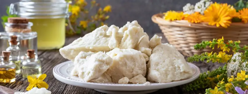 Raw shea butter on a plate surrounded by glass jars of natural oils and wildflowers, representing the origins of clean beauty.