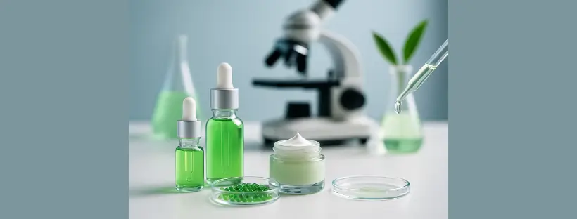 Bioengineered clean beauty actives in modern skincare jars with natural plant elements, symbolizing lab-grown sustainable skincare ingredients in 2026.