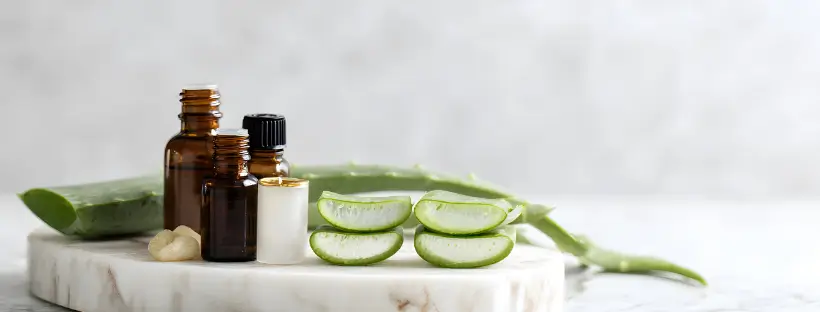 Clean beauty skincare with aloe vera and amber bottles on marble, representing microbiome-friendly and barrier-restoring formulations.