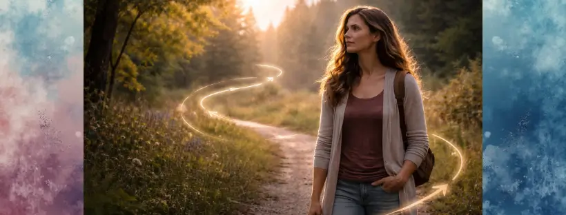 Woman walking along a winding forest trail at sunset, surrounded by glowing spiral lights symbolizing the nonlinear path of nervous system healing.
