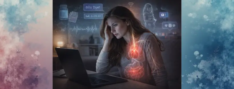 Illustration of a woman surrounded by modern stressors—screens, noise, toxins, processed food, and isolation—with faint overlays of gut-brain connections, the vagus nerve, and inflammatory signals representing the hidden drivers of nervous system dysregulation.