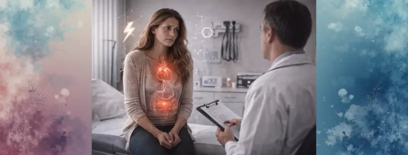 A woman sitting in a doctor’s office, visibly distressed and confused, while a doctor explains test results with a neutral expression; medical charts and scans in the background appear “normal,” symbolizing how nervous system dysregulation is often missed or dismissed in conventional healthcare.