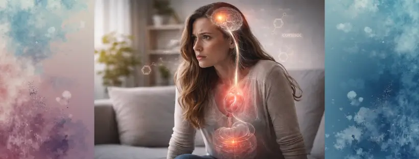 A woman in a calm home setting showing subtle signs of tension—raised shoulders, clenched jaw, and shallow breathing—overlaid with faint neural pathways, stress hormone icons, and red glow around brain, chest, and gut to illustrate internal survival mode.