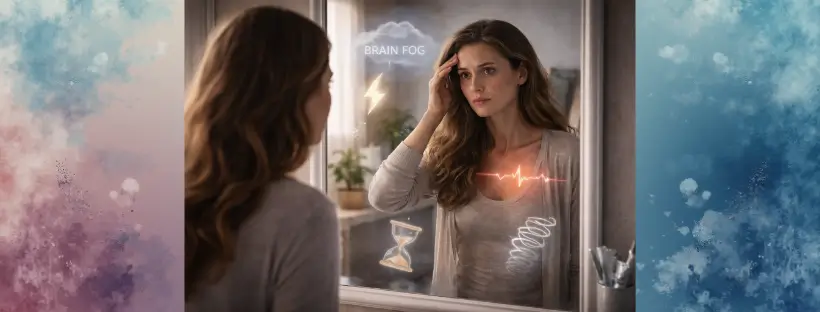 A woman displaying varied expressions of nervous system dysregulation—fatigue, overwhelm, detachment, and anxiety—set against different daily environments like work, home, and solitude, symbolizing internal imbalance despite external normalcy.