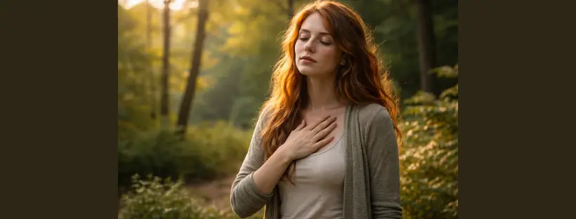 A peaceful woman standing outdoors with eyes closed and hand on her chest, practicing deep breathing in a natural setting—representing natural vagus nerve support through breathwork and grounding.