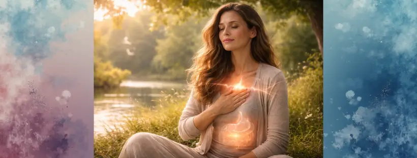 Peaceful woman exhaling deeply with relaxed shoulders and soft expression, standing in warm natural light—symbolizing true nervous system regulation, calm, and a felt sense of safety.