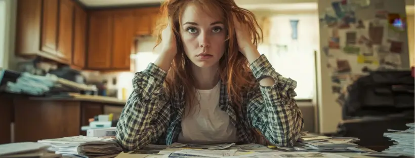 A visibly overwhelmed woman sitting in a cluttered kitchen, holding her head in frustration—illustrating the mental and physical toll of chronic stress and vagus nerve dysfunction