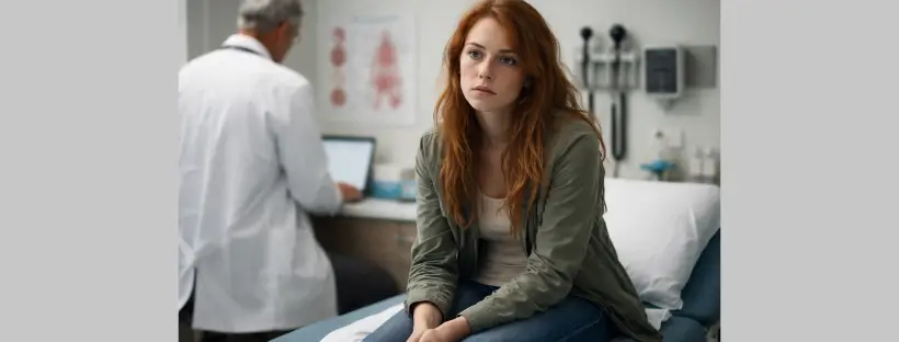 A woman sitting silently on a medical exam table, looking discouraged and unheard in a clinical setting—symbolizing the frustration of having vagus nerve-related symptoms dismissed by conventional doctors.