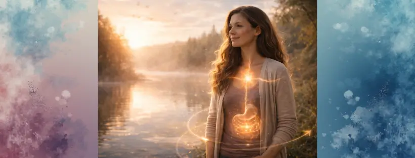 Close-up of a woman with eyes closed, hands over heart, bathed in soft morning light—symbolizing nervous system healing, inner safety, and emotional restoration.