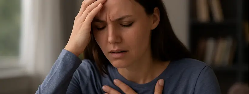 Woman experiencing vagus nerve dysfunction with visible signs of fatigue, anxiety, and digestive discomfort—representing the hidden symptoms of autonomic nervous system dysregulation.