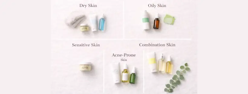 Flat lay of clean skincare products organized by skin type — dry, oily, sensitive, combination, and acne-prone — on a bright neutral background with minimalist, non-toxic packaging.