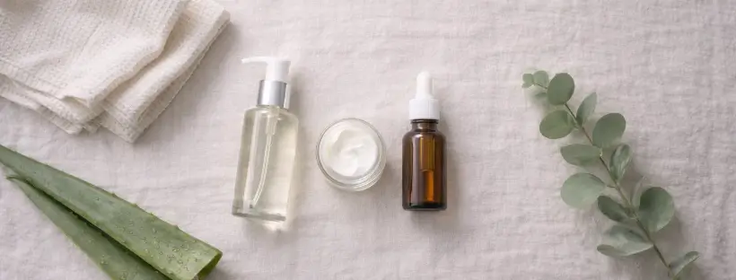 Flat lay of clean skincare essentials in glass jars and bottles, including cleanser, moisturizer, and serum, on a neutral background with soft natural lighting – illustrating the non-negotiables of a clean skincare routine