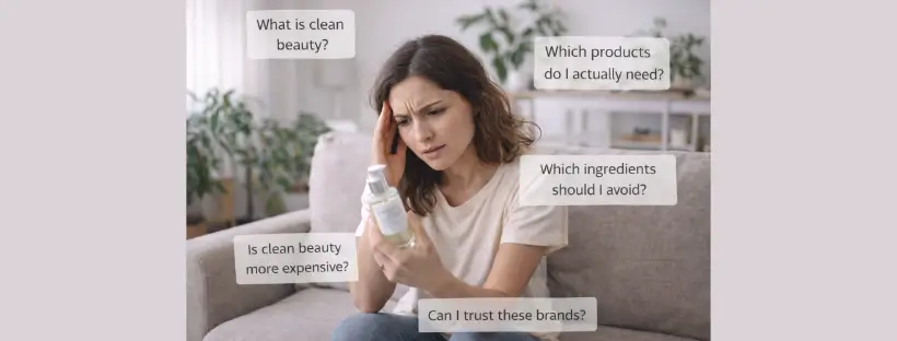 Confused woman reading skincare product label, questioning toxic ingredients and clean beauty claims, symbolizing beginner clean beauty concerns and ingredient awareness.