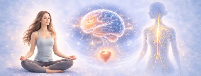 Wide, zoomed-out illustration showing a calm human figure with the nervous system subtly mapped throughout the body, representing emotional regulation, nervous system healing, and restored balance.