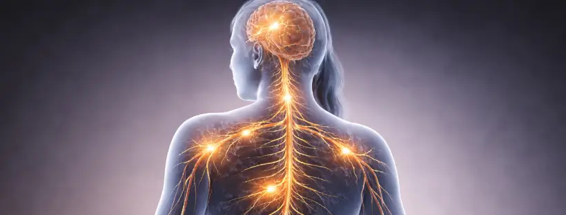 Illustration showing disrupted nervous system signaling in the human body, with interrupted communication between the brain, spinal cord, and peripheral nerves.