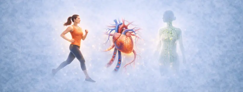 Illustration showing the human body in motion with highlighted circulation and lymphatic pathways, illustrating how gentle movement supports lymph flow, blood circulation, and natural healing.