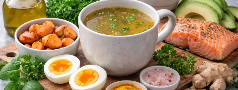 A balanced, nutrient-dense meal prepared with whole foods, representing nutrition that supports cellular repair and inflammation control.