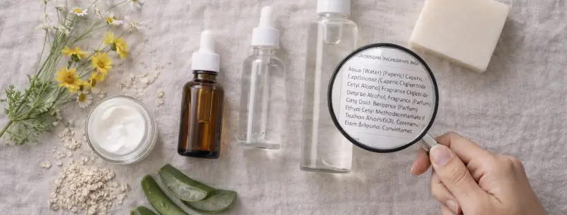 Glass skincare bottles on a minimalist shelf, representing clean beauty and non-toxic skincare without harmful ingredients