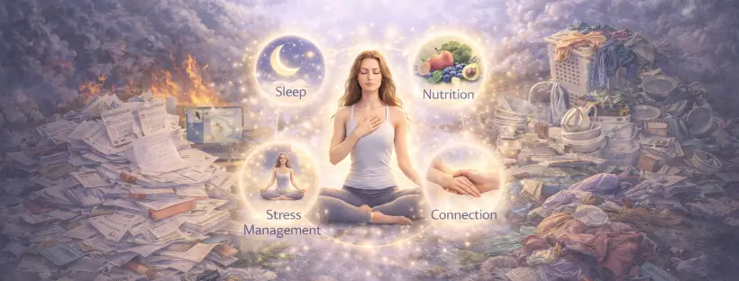 A symbolic illustration showing a woman seated calmly at the center while surrounded by visual representations of sleep, nutrition, stress management, and connection, contrasted against chaotic environments of clutter, overload, and disruption.