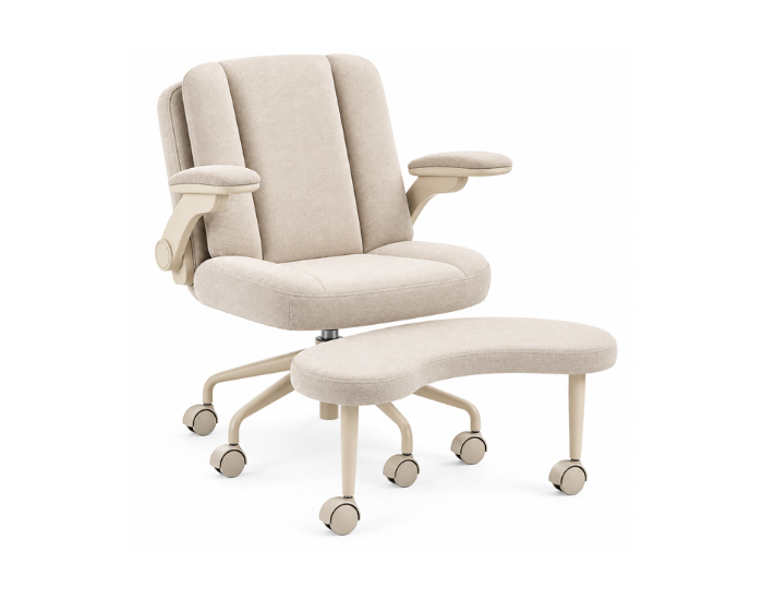 Pipersong Meditation Armchair in beige linen with adjustable armrests and separate swivelling footrest