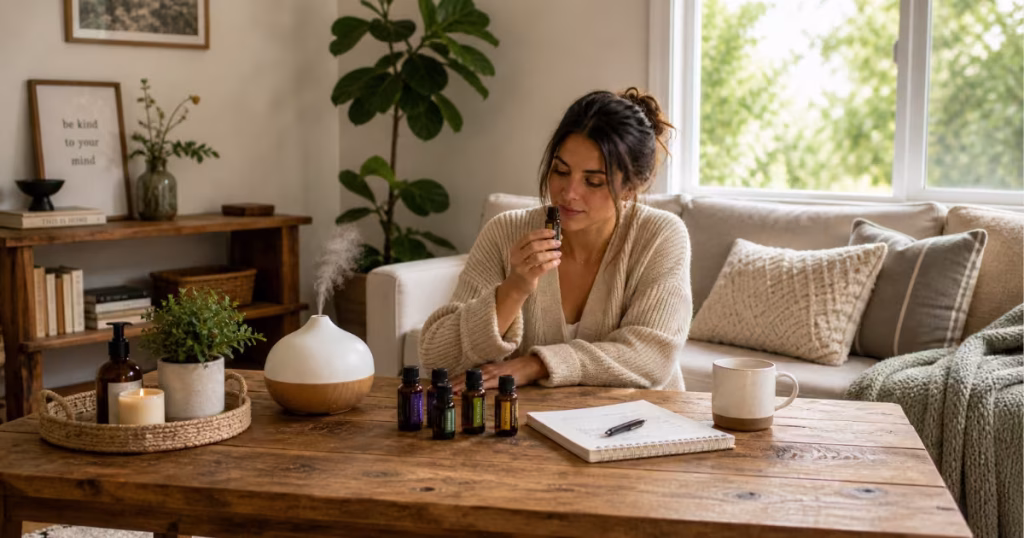 Person sitting at a wooden table in a naturally lit living room, smelling an essential oil bottle with a few oils, diffuser, and notebook nearby showing simple everyday use