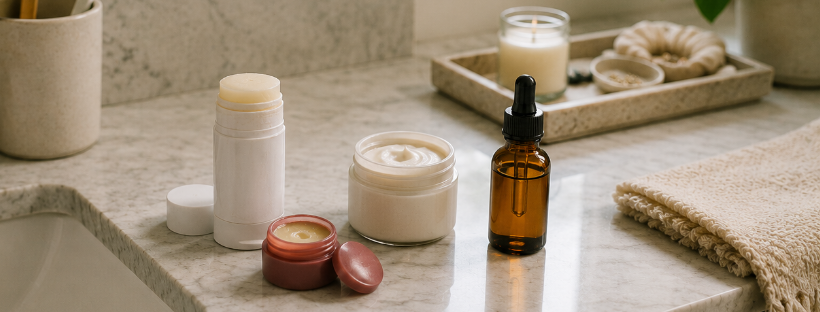 Everyday leave-on beauty products including lip balm, deodorant, face cream, and serum displayed on a bathroom vanity.